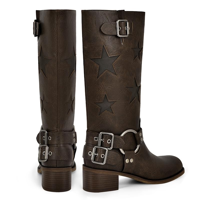 Image of KISTANIA Women's Knee High Riding Boots Square Toe Chunky Heel Fashion Buckle Belts Cowboy Cowgirl Moto Boots with Stars