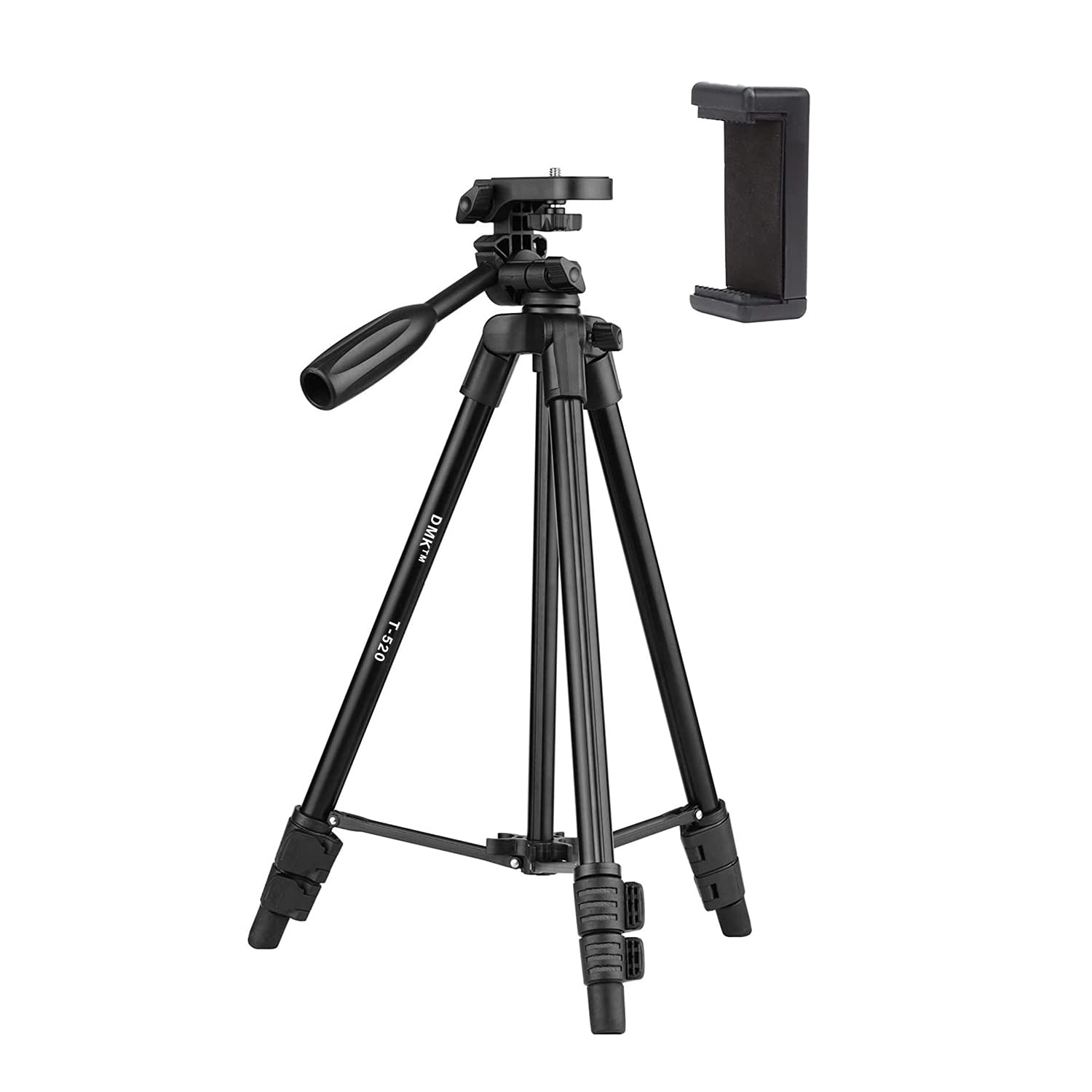 DMK POWER T-520 Adjustable Height (120cm) Tripod Stand Aluminum Alloy 3-Section & 3-Way Pan Head Universal 1/4 Mounting with Mobile Holder & Carrying Bag (Maximum Load-2kg)