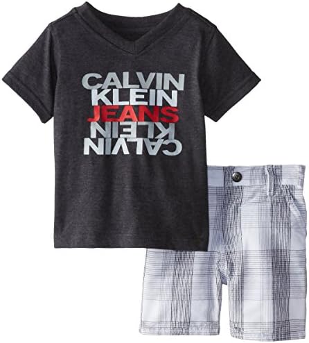 Calvin Klein Baby-Boys Infant Black V-Neck Tee with Plaid Shorts
