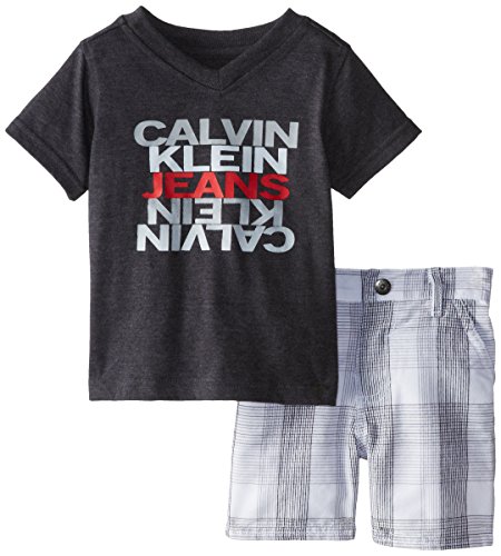 Calvin Klein Baby-Boys Infant Black V-Neck Tee with Plaid Shorts