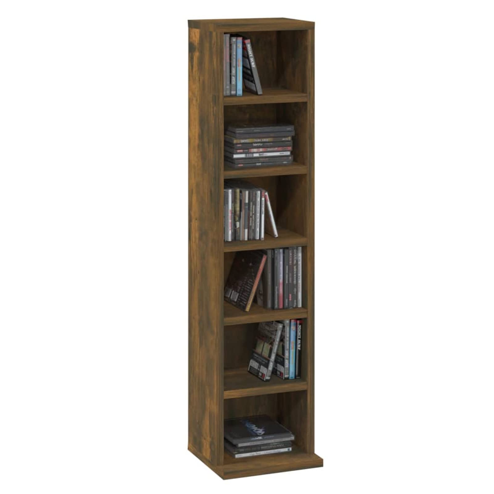 Szafka na płyty CD z dymem dębowym 21 x 20 x 88 cm, wielowarstwowe drewno, modułowy regał mobilny klasyczny uchwyt na płyty CD z regulowanymi przegródkami, drewno
