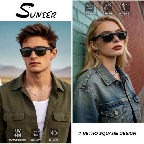 Image of Sunier Polarized Sunglasses Men Women, Black Retro Square 100% UV400 Shades