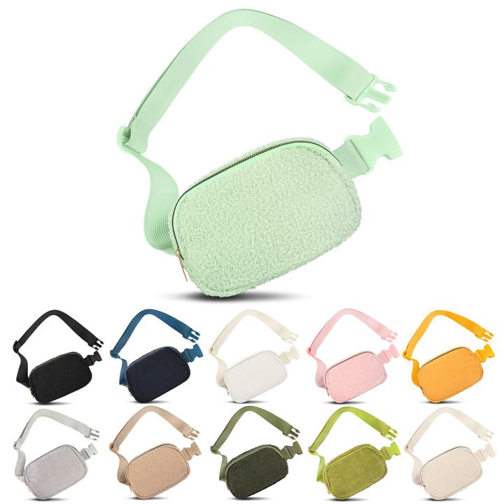 Frenou Fleece Belt Bag with Adjustable Strap for Women and Men Crossbody Fanny Bag Bum Bag Waist Pack for Hiking Workout Sports Travel Light Green