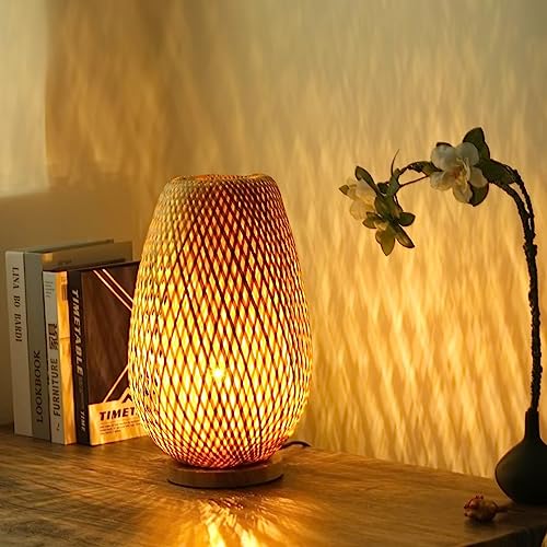 GUANSHAN Lampe de Table Tissée en Bambou Abat-Jour en Bambou Éclairage de Table Éclairage de Table Décoratif Veilleuse pour Chambre, Salon, Interrupteur à...