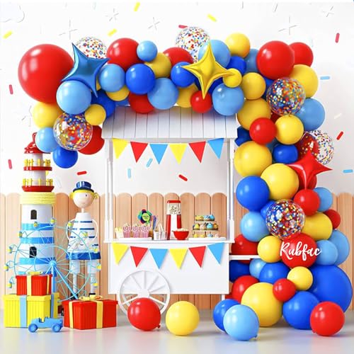 Image of RUBFAC Carnival Circus Balloon Kit, Red Yellow and Blue Primary Balloons 12in with Rainbow Confetti Balloons for Birthday Party Carnival Theme Back to School Party Decorations, 65pcs