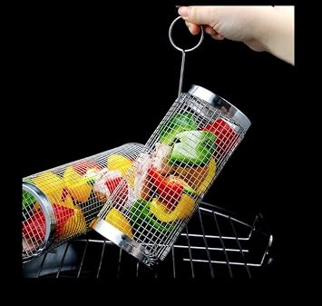 Rolling BBQ Grilling Basket with lid | Stainless Steel Barbecue Grill Basket for outdoor | BBQ Round Mesh Cylinder Cooking Accessories | Portable Grill, Dishwasher Safe, for Vegetables, Fries - 1 PC (2-Pack (With Stand))