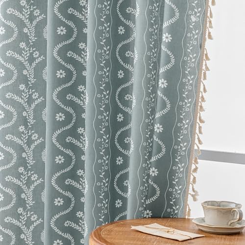 Image of Boho Curtains 63 Inch Long for Living Room, Bedroom, 2 Panels Floral Farmhouse Vintage Tassel Semi Sheer Light Filtering Privacy Window Curtain Drapes with Rod Pocket,Gray