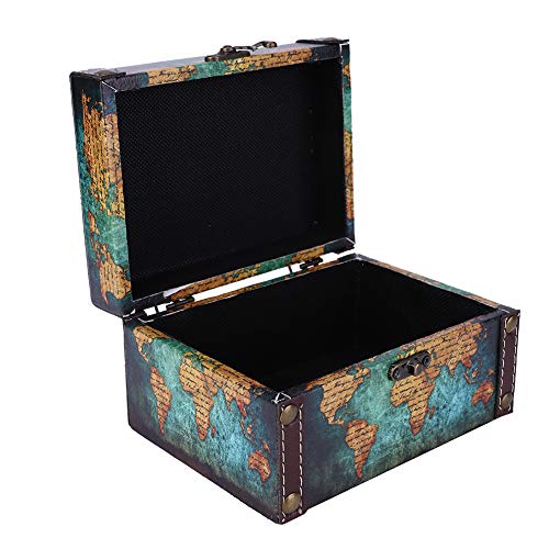 Antique Metal Buckle Jewelry Treasure Chest Wooden Box Dustproof Desktop Ornaments Retro Style for Mom Mothers Day Christmas Gift Rings (2208A-06-Green Map)