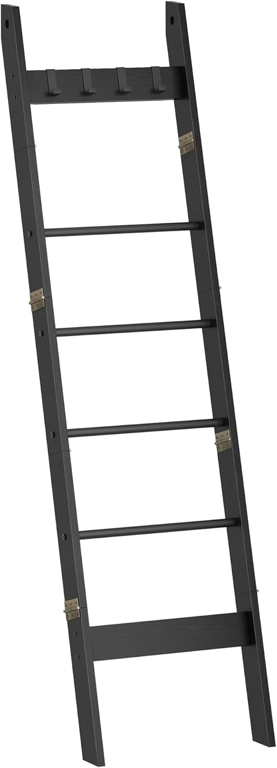 Hzuaneri Blanket Ladder for Living Room, Decorative Quilt Rack with 4 Removable Hooks, 6-Tier Farmhouse Ladder Holder Shelf Organizer for Bedroom, Black BR31504B
