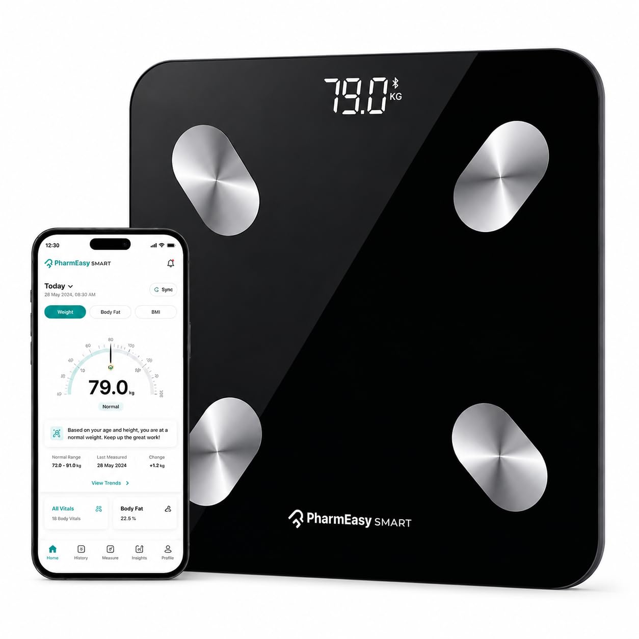 PharmEasy Smart Digital Weighing Scale for Body Weight with 18+ Health Paramaters | BMI Weight Machine for Home