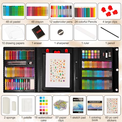 Image of KINSPORY Art Set for Kids, 290 Pack Double-Side Easel Drawing Kits - Black | Creative Gift, art & crafts supplies,Coloring, oil pastel, crayon, colored pencil, watercolour pen, Beginner Artists Girl Boy