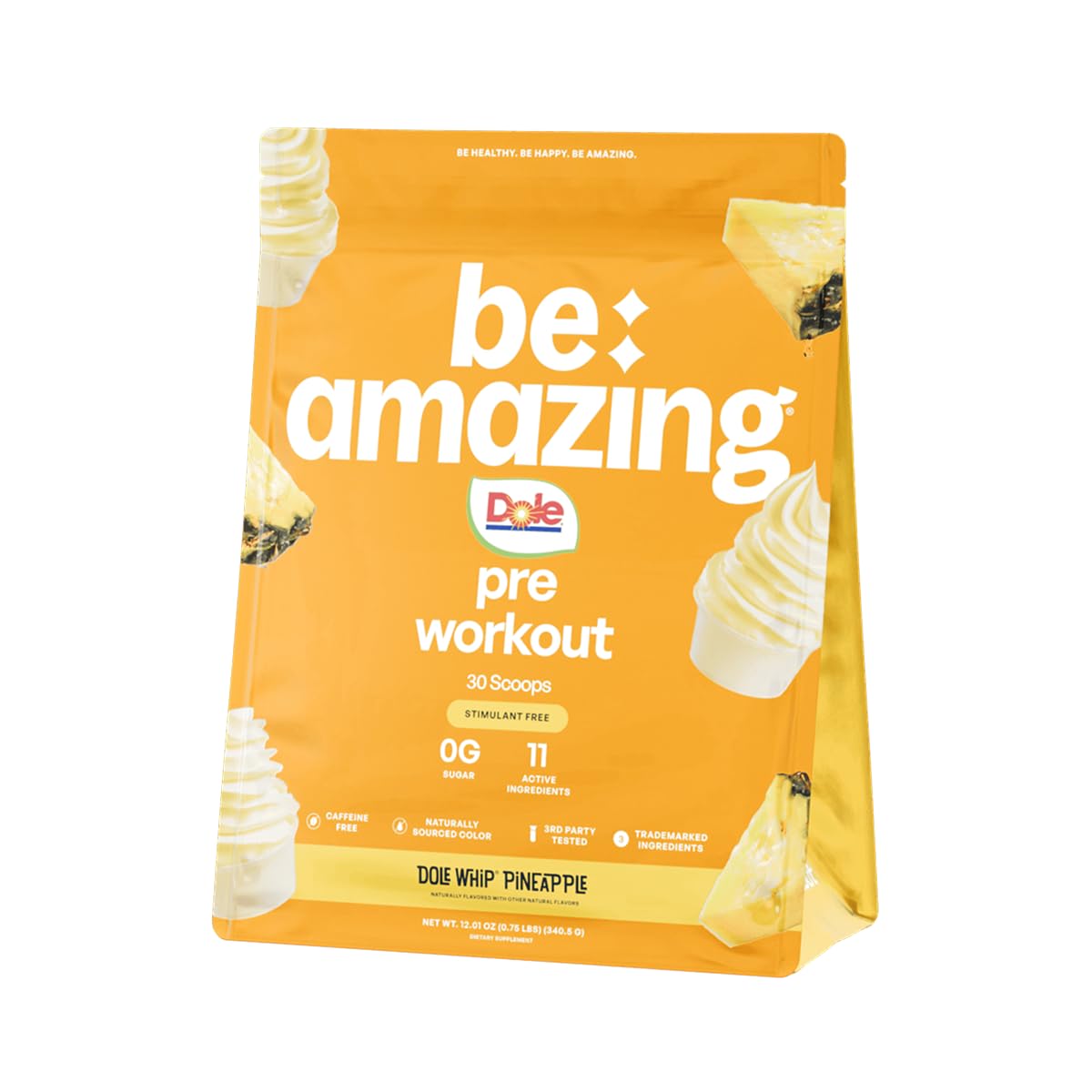 BE AMAZING Caffeine Free Pre Workout Powder, Vegan Supplement with Ashwagandha &amp; Adaptogens for Night Workouts, Sugar Free Drink Mix for Men &amp; Women, Gluten Free, Dole Whip Pineapple, 30 Servings