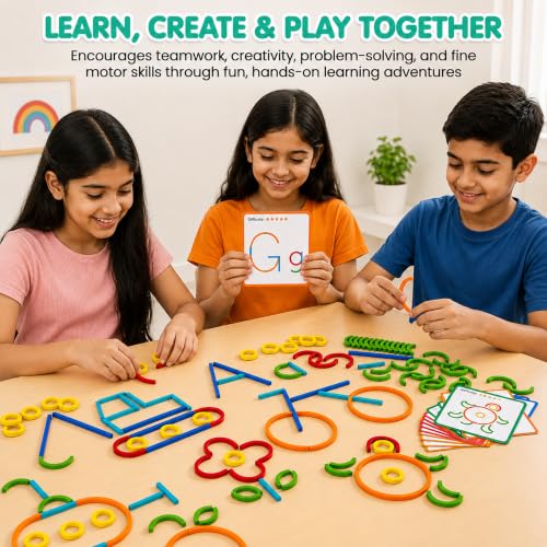 Image of Kidology Sticks & Rings Building Set Toys for Kids | 120 Pcs Shapes Learning Puzzle Toy Game for Kids | 20 Double-Sided Pattern Cards & Wooden Base | STEM Montessori Brain Game for Boys & Girls