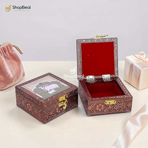 Image of Handcrafted Wooden Jewellery Box Copper Metal Finish (4 x 4 inch) - Pack of 2 | Oxidized Pichwai Cow & Calf Design | Decorative Organizer | Storage Box for Women Puja Gifting | Ivory Sand