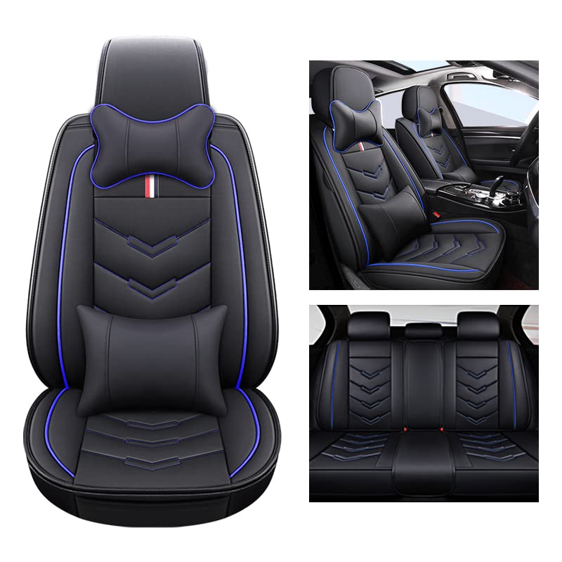 ARTSZY Car Seat Covers for Ford Fusion Energi 2013-2020 PU Leather Waterproof Cushion Cover,Leather Car Seat Cover,Car Interior Covers Set,Vehicle seat Covers(Full Set with Pillow,Black Blue)