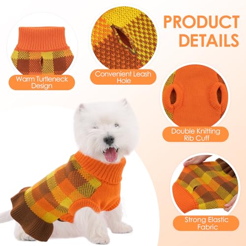 Image of Dog Sweater Dress Plaid Knitwear for Small Medium Dogs Warm Puppy Pet Turtleneck Stretch Pullover Cute Fall Winter Vest Clothes with Leash Hole for Christmas (Orange, XS)
