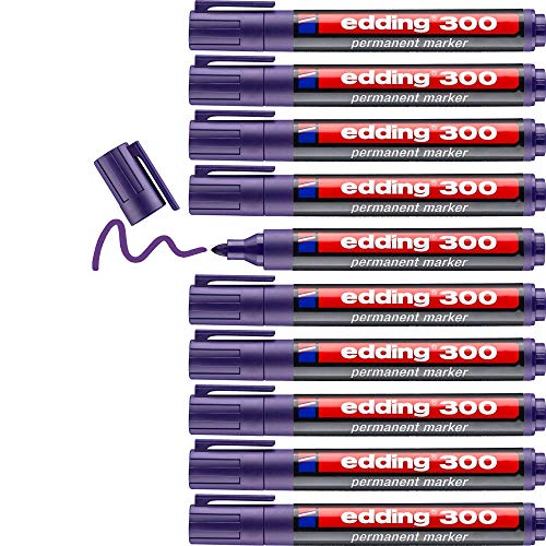 edding 300 marcador permanente - violeta - 10 rotuladores- punta redonda 1,5-3 mm - resistente al agua, de secado rápido, rotuladores indelebles - para cartón, plástico, vidrio, madera, metal