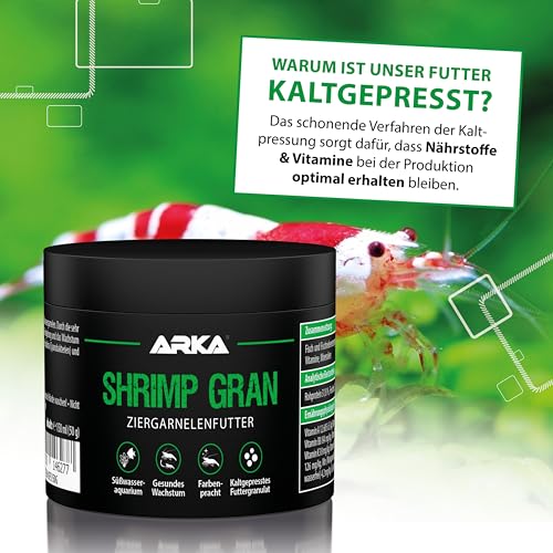 Garnelenfutter – ARKA Shrimp Gran 150 ml / 50 g – kaltgepresstes Softgranulat für Neocaridina & Caridina – stärkt Wachstum, Farben & Häutung – sinkend, wasserstabil & hochverdaulich