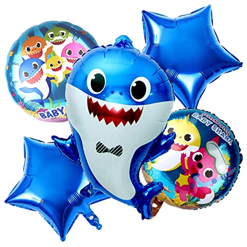 Image of Propsicle Birthday Baby Shark Decorations Foil Blue Balloon Pack of 5 Set For Baby Shark Theme Kids Party Prince Kids Helium Foil Balloon Item