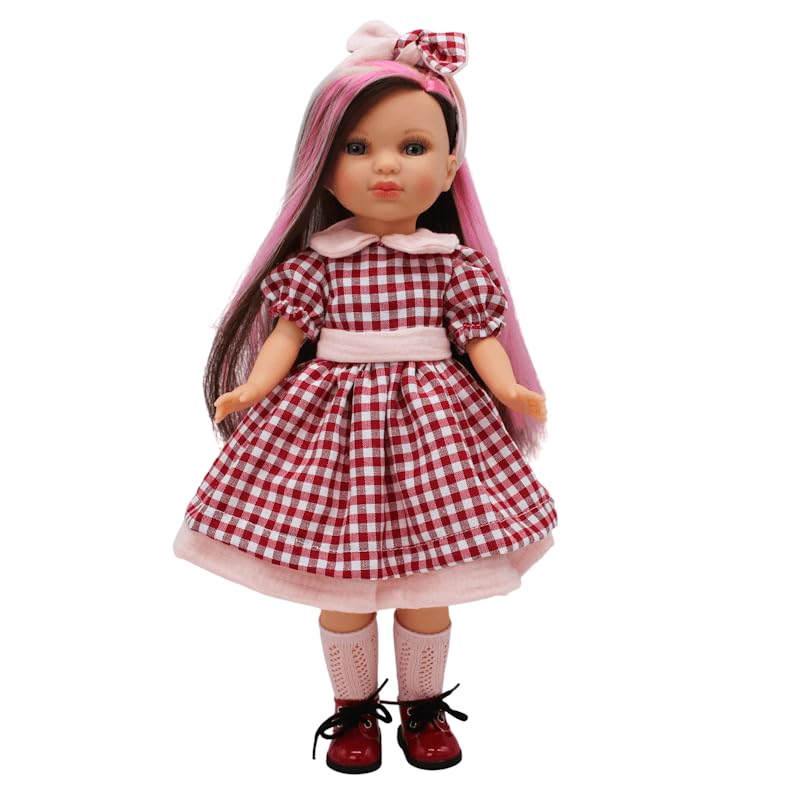 FOLK Muñeca Simona Original Artesanía 40 cm. Pelo Tricolor Vestido Cuadros. Fabricada en España