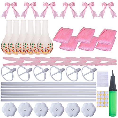SKOLOO Table Balloon Stand Sticks, Case of 6 Set, Small Balloon Columns for Weddings & Birthday & Baby Shower Table Decorations, Pink Tulle Balloon Tassels (12 inch)