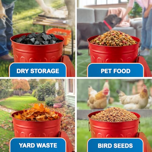 Image of Plexon Metal Trash Can with Lid 13 Gallon, Decorative Outdoor Trash Can Heavy Duty Galvanized Metal Bucket with Lid for Garage Workshop Storage Farmhouse, Red 3 Pack