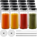 16 Pack Glass Juicing Bottle Drinking Jars with 2 Straws & 2 Lids w Hole- 16 OZ Travel Water Cups with Black Airtight Lids, Reusable Tall Mason Jar for Juice, Boba, Smoothie, Tea, Kombucha