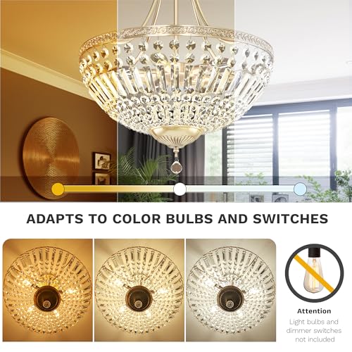 DWVO Crystal Gold Ceiling Light, 20in Modern Vintage Crystal Chandelier, 5-Light Semi Chandelier Close to Ceiling Light Fixture for Living Room Kitchen Entryway Bedroom Dining Room - E12 Base
