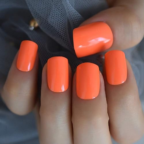 Miniatura 4 de iMABC Uñas postizas a presión de color naranja neón, uñas postizas de cobertura completa, uñas postizas de pegamento corto, estilo primavera verano