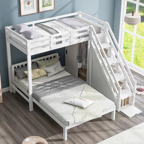 Dolamaní Hochbett Etagenbett mit Schrank, 2 Betten Lattenrost, Multifunktionales Kinderbett mit Stauraum Treppe, Weiß (90x200 cm+120x200 cm)