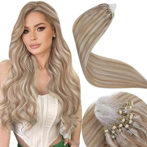 LaaVoo Micro Loop Hair Extensions 16 Inch Real Human Hair Remy Straight Highlight Ash Blonde & Platinum Blonde Invisible Micro Ring Hair Extensions 50g 50s #18/613
