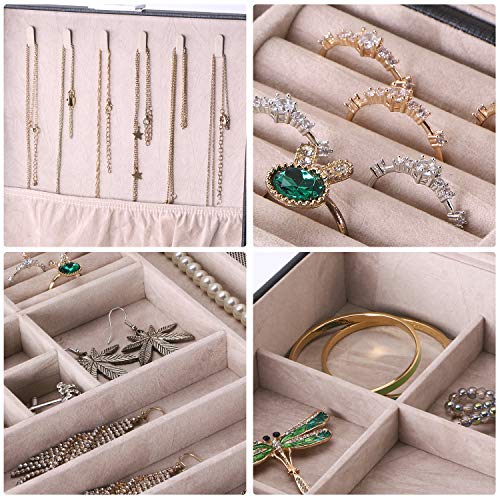 Bewishome Jewelry Boxes For Women Girls Gifts For Mom Wife, 2 Layers Jewelry Box Display Storage Case, Pu Leather Necklace Jewelry Organizer Box For Earrings Rings Necklaces, Bracelets, Black Ssh71B #TOP1