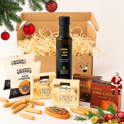 AF® - Cesta gourmet para regalar con AOVE 250ml cristal, quesos cremas, paté al Pedro Ximenez, sobrasada y picos artesanos – Cesta de navidad, regalos para hombre