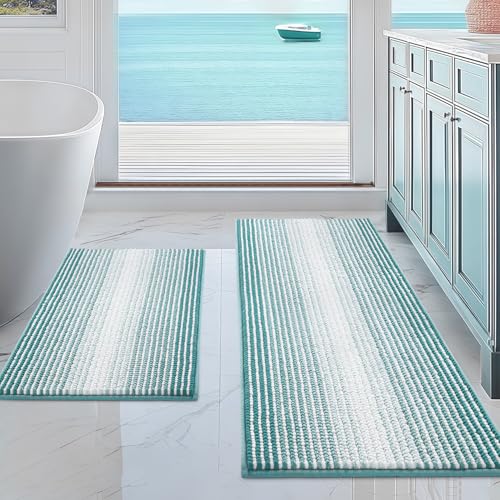 BSICPRO Bathroom Rugs and Mats Sets, 2 Piece Thick Absorbent Chenille Non Slip, Soft Shaggy Floor Mats, Machine Washable (Aqua Green, 20" x 47" Plus 16" x 24")