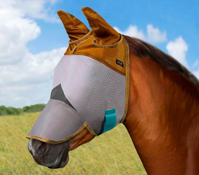 Horse Fly Mask with Ears and Nose – Fly Masks with Nose Ears Cover - Non-Heat Transferring Mesh – 70% Uv Protection - Breathable Equine Fly Mask – Full Size Horses – Soft and Comfortable Face Flymask