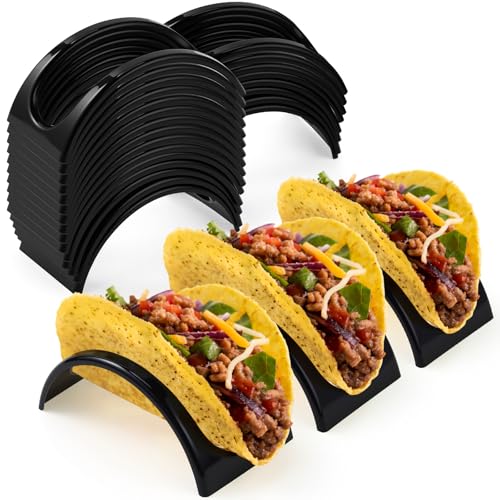 Image of Baderke 24 Pcs Single Taco Holder Stand Black Plastic Tray Plates Mexico Taco Holder for Tuesday Night Carnival Backyard Party Supplies, Dishwasher Microwave Safe