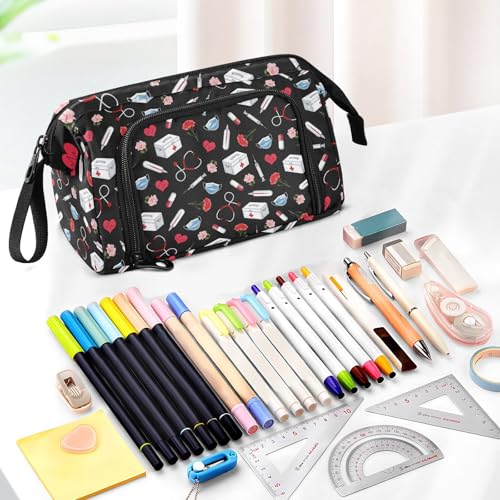 Image of Nurse Print Big Capacity Pencil Pen Case Large Pencil Pouch | Portable Multi Compartment Zipper Pencil Bags Stationery Storage for Men Women College Office