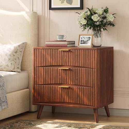 Image of Evermagin 31.5 inch W Larged Fluted Nightstand, Mid Century Modern 3 Drawer Night Stand, Small Wood Dresser for Bedroom, Wide Oversized Bedside Table, Walnut