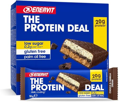 Enervit The Protein Deal Choco & Vanilla Dream, Barritas Proteicas, 20g de Proteína, Sabor Vainilla y Chocolate Negro, Snacks Proteicos Sin Gluten, Bajos en Azúcar, 12 x 55g Barritas