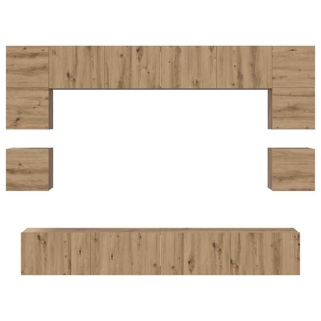 TV-Schrankset Wandmontiert 8-teilig, Artisan-Eiche Holzwerkstoff, Modernes Media-Center für Wohnzimmer, Schlafzimmer, platzsparende TV-Konsole