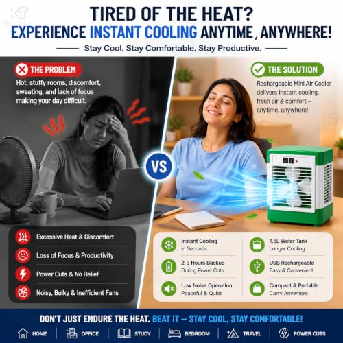 Image of DRUMSTONE ( 2026 Brings 5 Years WARRANTY ) Mini Air Cooler Rechargeable Portable Cooling Fan for Home Office Study Room, 1.5L Water Tank, USB Charging, Energy Saving Personal Cooler