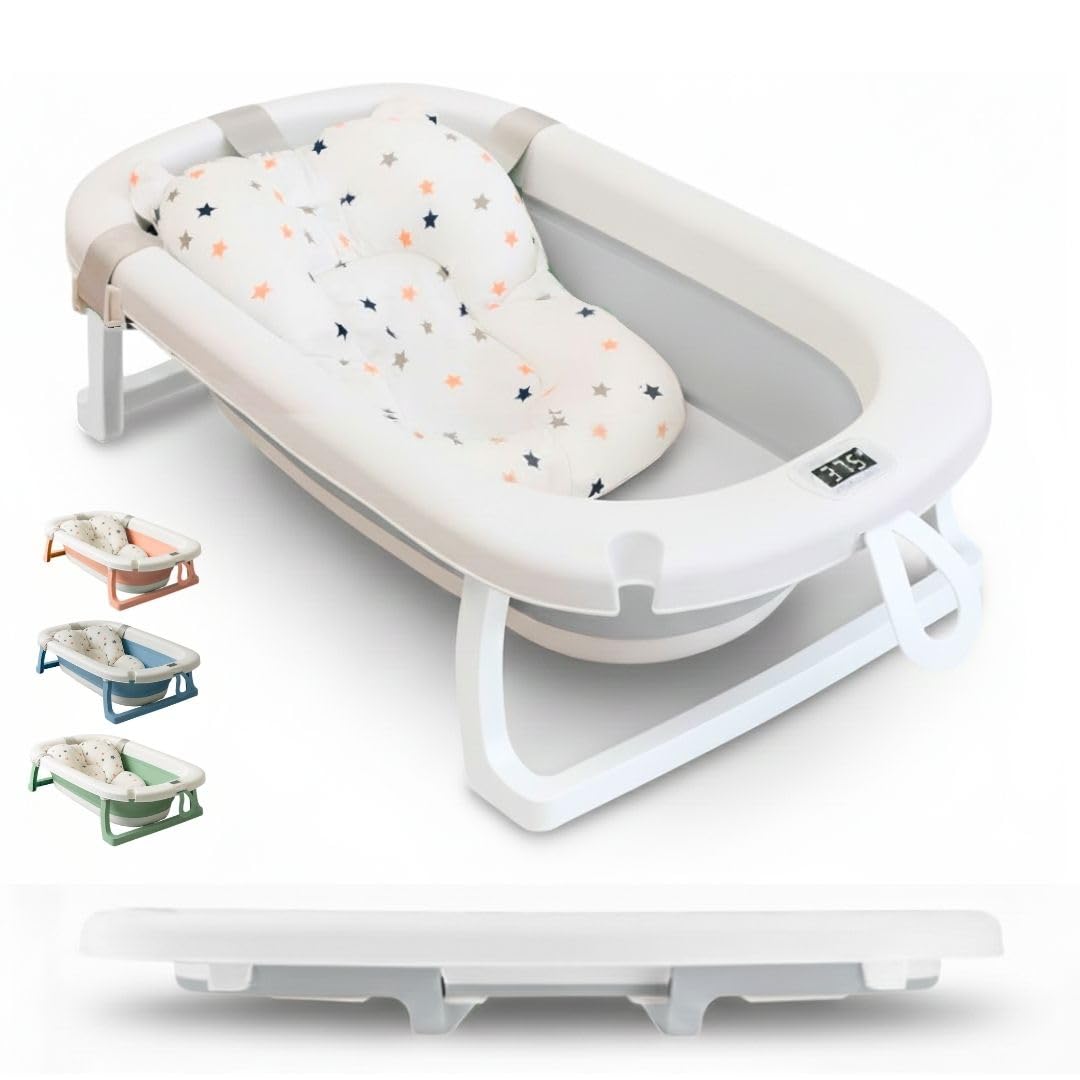 BAÑERA PLEGABLE BEBÉ 5 EN 1 Termómetro + Cojín Protector + Patas Antideslizantes + Tapón de Seguridad | Bebé Recién Nacido | Diseño Plegable en 2 | Fácil de Guardar y Transportar (Azul) — view 11