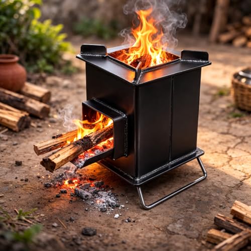 Image of Wood Fired Rocket Stove Smokeless for Home & Large Family | Lakdi Ka Mitti Ka Chulha Angeethi Sidgi | Outdoor Cooking Picnic Camping Hiking Barbeque BBQ | Heavy Duty Metal