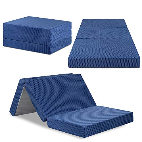 Olee Sleep Tri-Folding Memory Foam Mattress Topper (TWIN, 38" x 78"), Blue, Twin