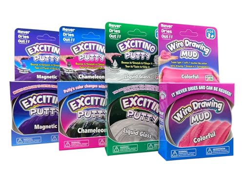 Putty & Mud Set 4 x Colour Changing Magnetic UV & Liquid Glass Exciting Putties & Wire Drawing Muds Sensory Therapy Putty & Squishy Fidget Toy Gift Set
