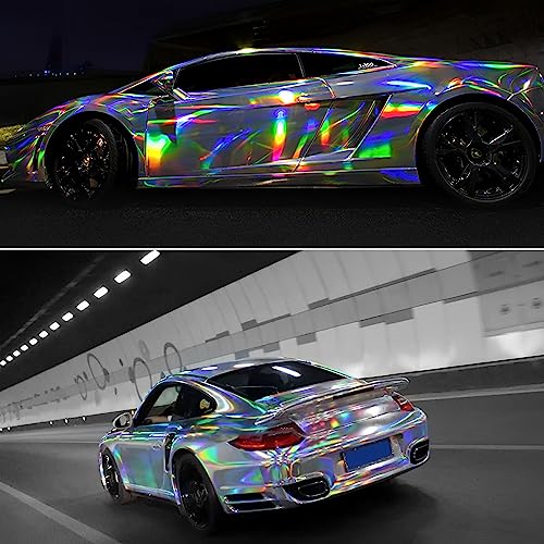 Image of Lypumso Holographic Laser Silver Vinyl Wrap, PET Chrome Metallic Car Wrap Self Adhesive Decal Sticker Air Release Glossy Film Vinyl Sheet for Cars (Silver, 1ft x 10ft)