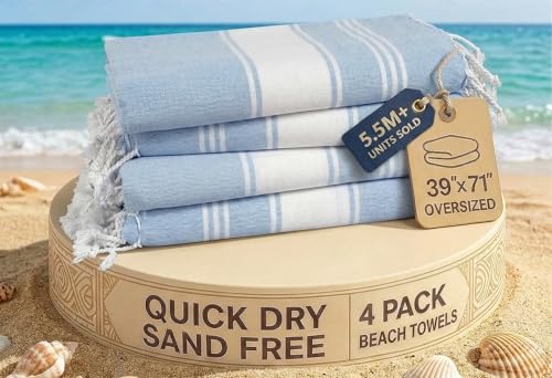 LANE LINEN Beach Towel 4 Pack, Oversized Beach Towels for Adults, Lightweight Travel Beach Towels, Pre-Washed for Soft Hand Feel, Quick Dry Beach Towels, 39"x71" - Sky Blue by LANE LINEN - Used condition - US$25.64