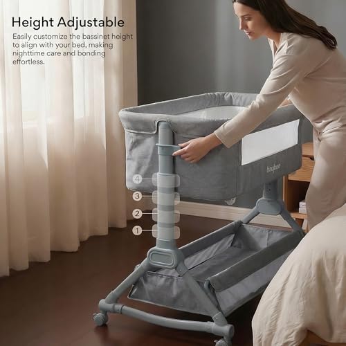 Image of BAYBEE Premium Bedside Crib for Baby with Rocking | Bassinet for New Born with 4 Height Adjustable & Recline | Baby Cot with Mosquito Net & Storage Box | Bedside Cribs & Cots for 0 to 2 Years (Grey)