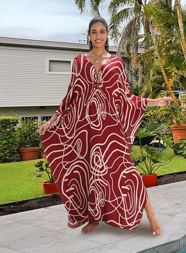 Image of Yanziliu Kaftan Dress for Women,Plus Size Hawaiian Batwing Sleeve Beach Cover Up Summer Swimsuit Dresses