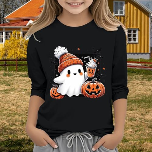 Pumpkin Halloween Shirts for Teen Girls Funny Ghost Graphic Crewneck Cotton 3/4 Sleeve Tees Kids Cute Holiday Party Clothes2